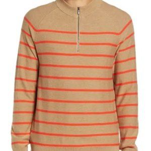 NWOT Open Edit Tan & Orange Stripped 1/4 Zip Crew Neck Pullover Sweater Sz L